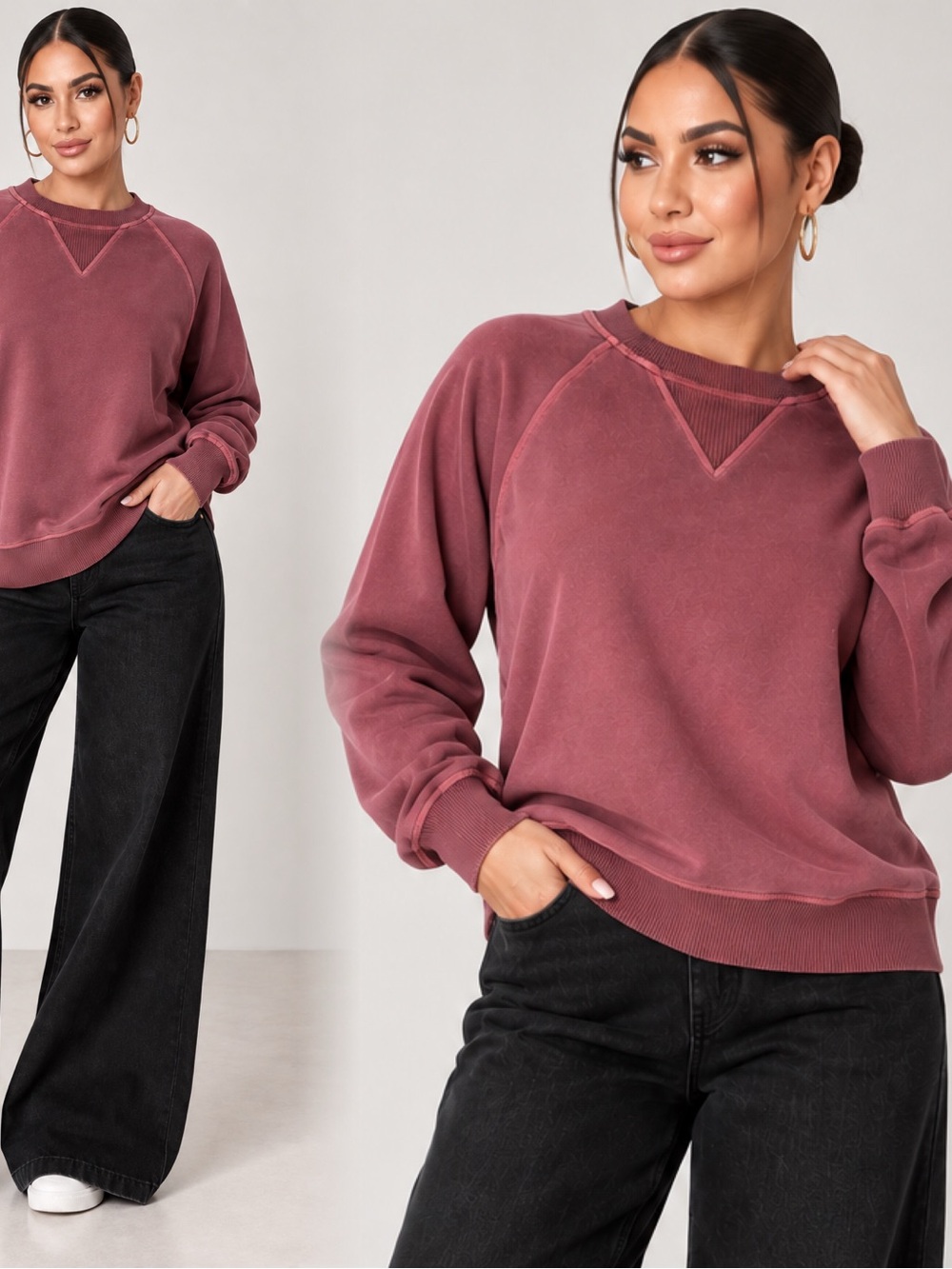 Zenana Outfitters Washed Rose Raglan Crewneck Sweatshirt